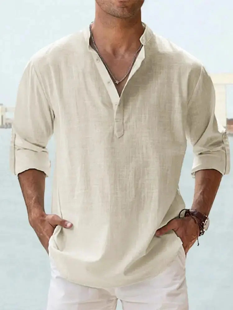 Men's Linen Casual Shirt - Relaxed Long Sleeve Pullover by TED