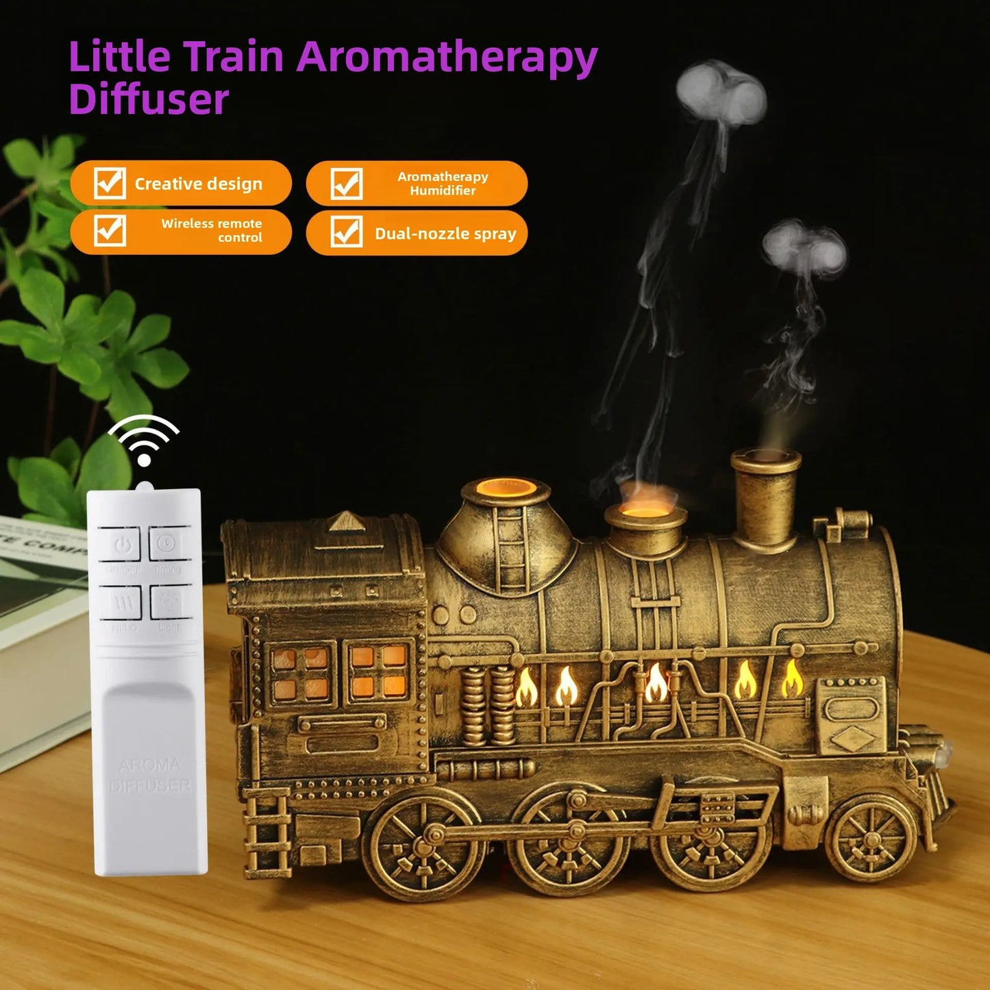 Bronze train-shaped diffuser with steam, remote control, and glowing windows on a wooden surface.