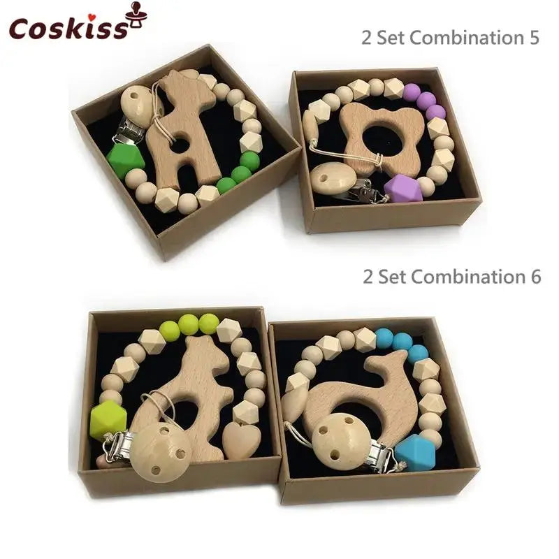 2-Piece Baby Wooden Animal Teether Set – Silicone Bead Grasping Toys by EPR