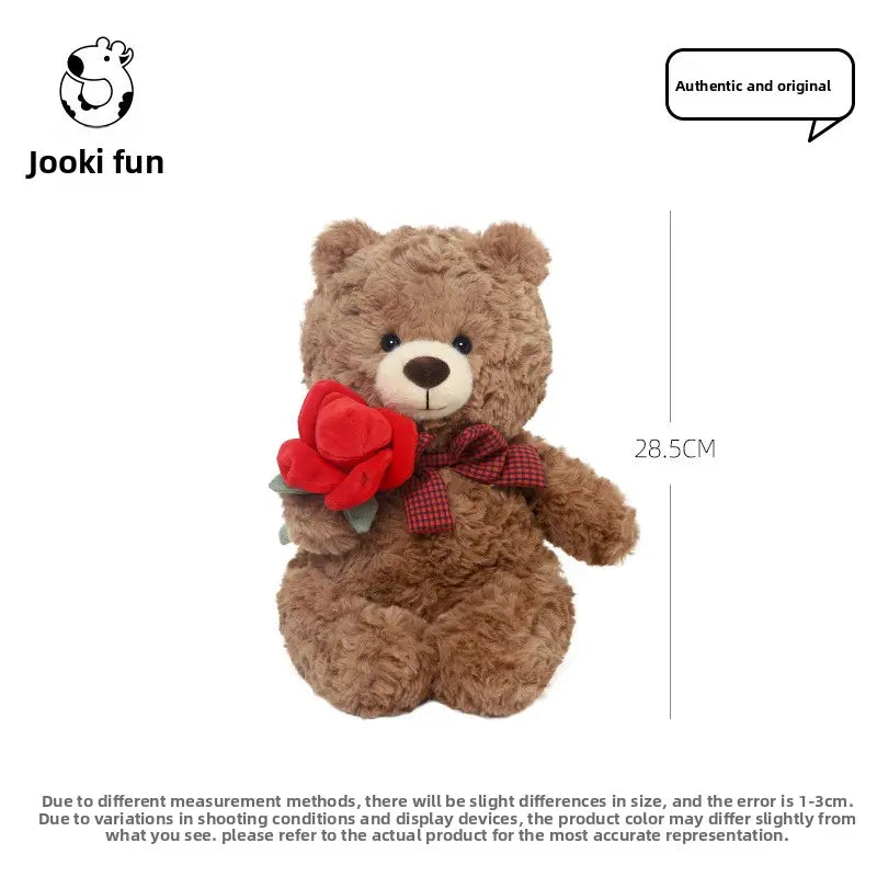 Brown teddy bear holding a red rose, measuring 28.5 cm tall.