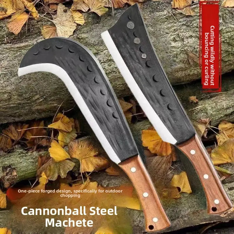 Two machetes with curved black blades and wooden handles on autumn leaves and logs.
