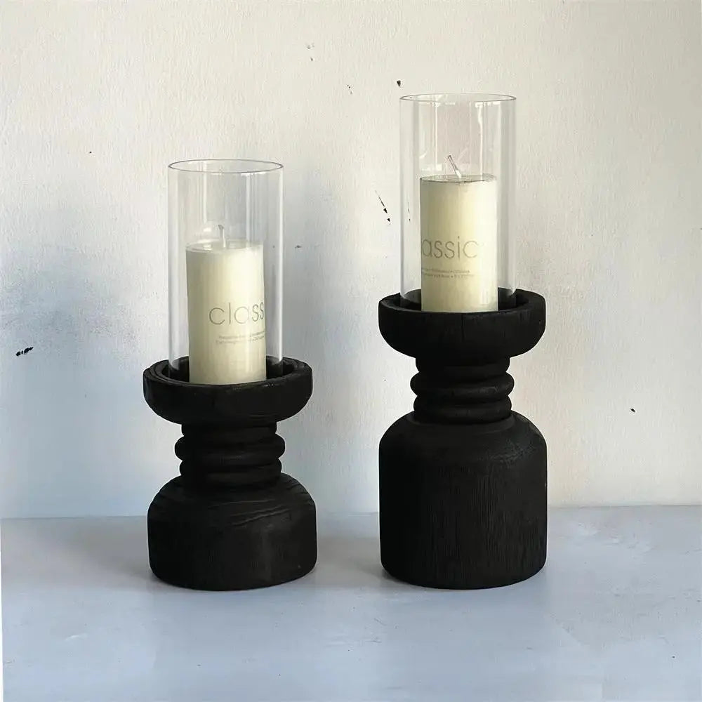 Handcrafted Wooden Candle Holder | Rustic Black Wood Home Decor with Optional Glass Dome by TED