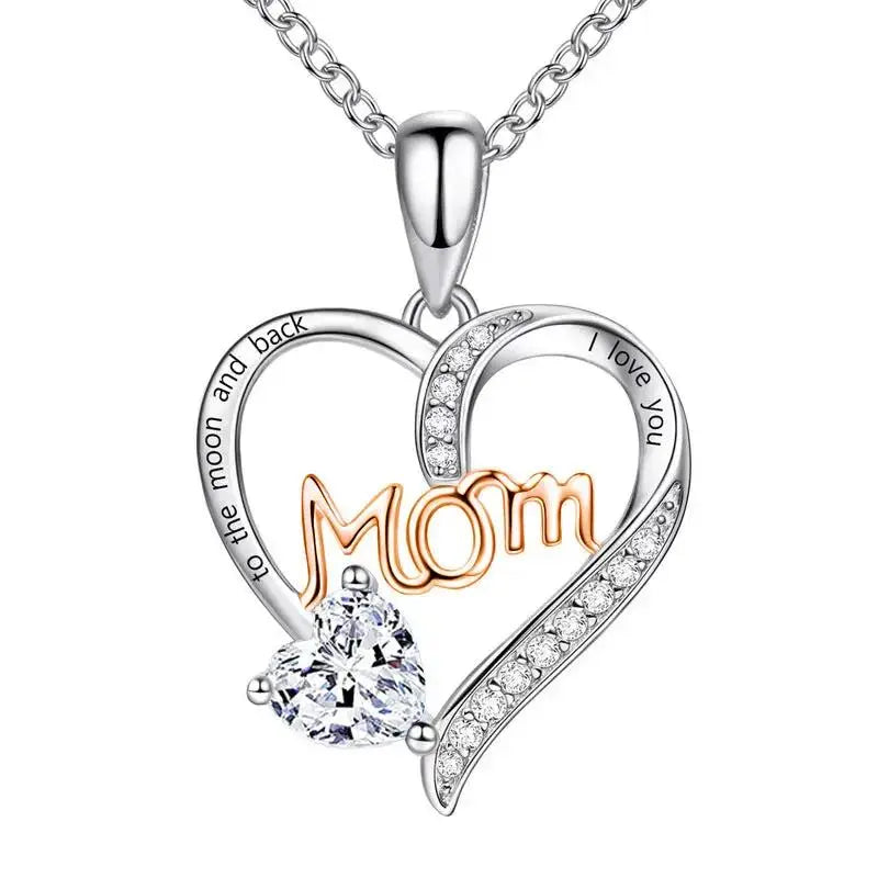 Mom Heart-Shaped Engraved Diamond Necklace – Mother's Day Jewelry Gift for Mom - Cherished Harbor Gifts