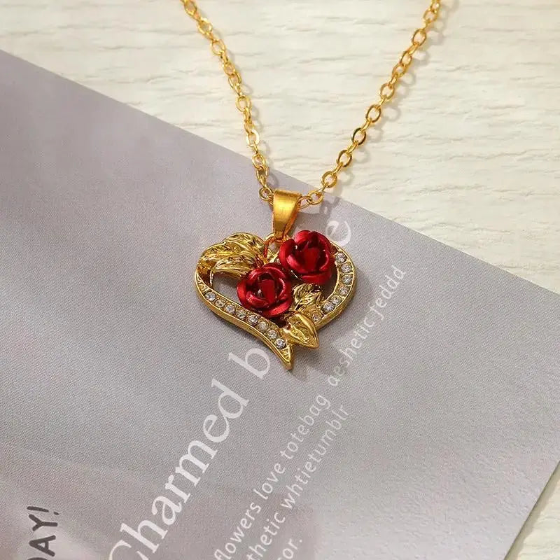 Rose Heart Pendant Necklace for Women | Gold Zircon Valentine’s Jewelry by EPR
