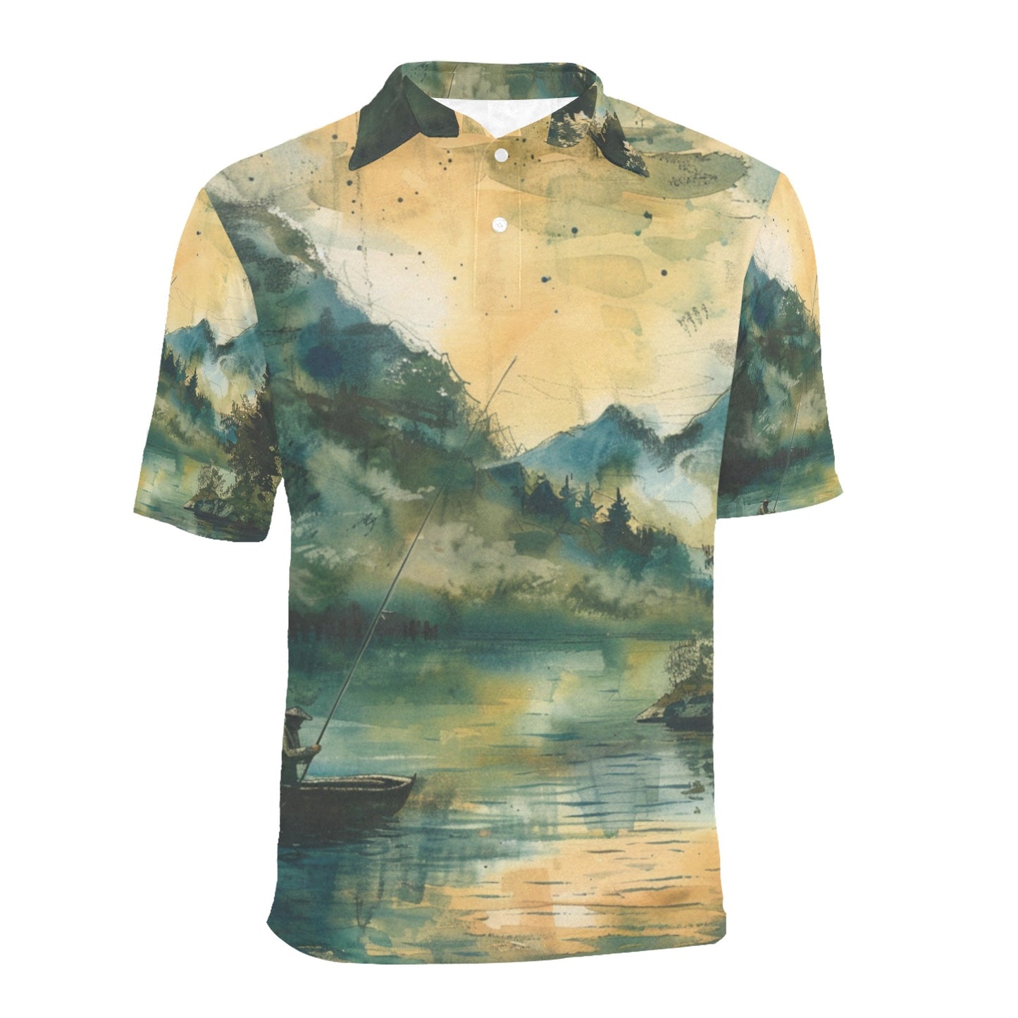 Fishing Scene Men's All Over Print Polo Shirt | Lightweight Polyester Casual Golf Shirt fishing apparel gifts - Cherished Harbor Gifts
