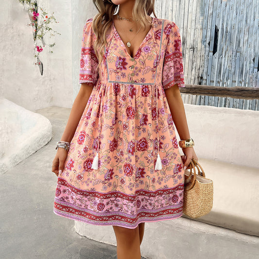 Stylish Printed Short Sleeve Dress for Summer Vacations - Cherished Harbor Gifts