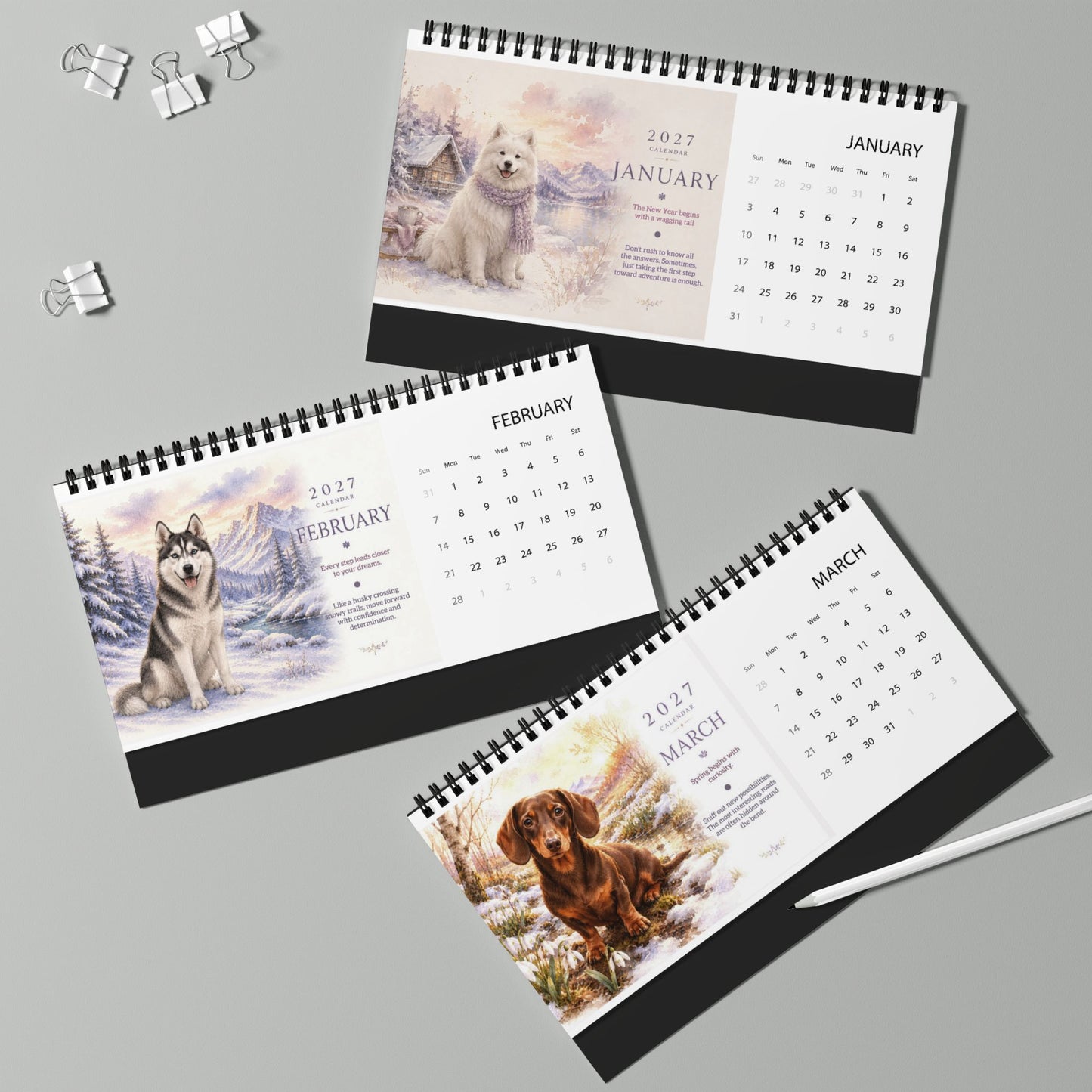 Dog Calendar 2027 - Spiral Bound Monthly Desk Planner - Cherished Harbor Gifts