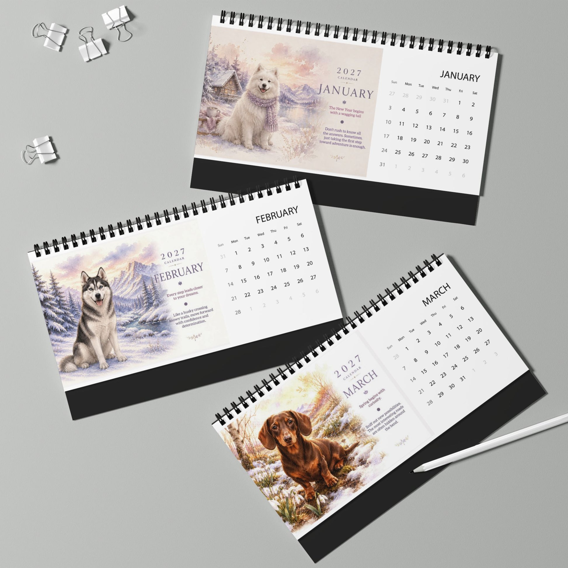 Dog Calendar 2027 - Spiral Bound Monthly Desk Planner - Cherished Harbor Gifts