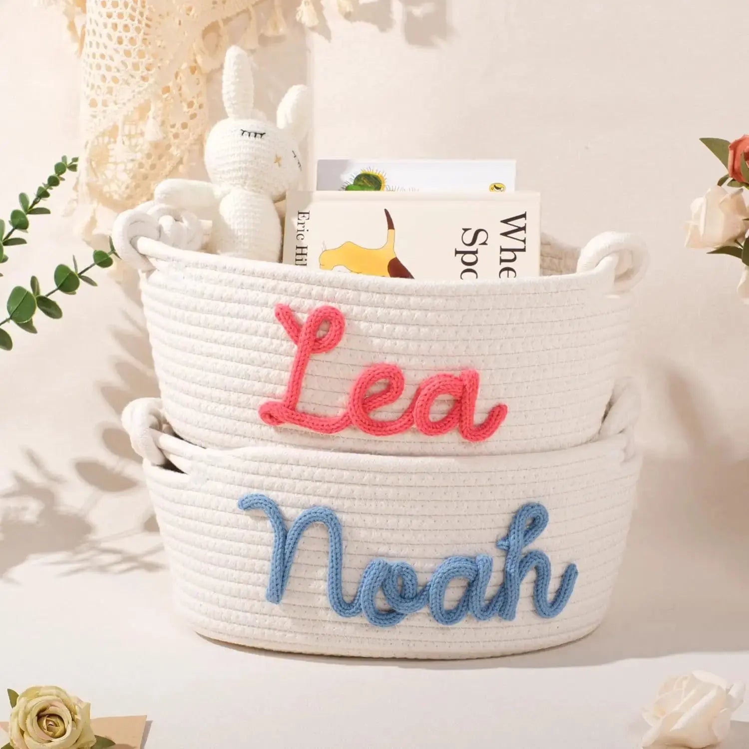 Personalized Cotton Rope Toy & Book Storage Basket | Custom Name Oval Gift Basket by TED