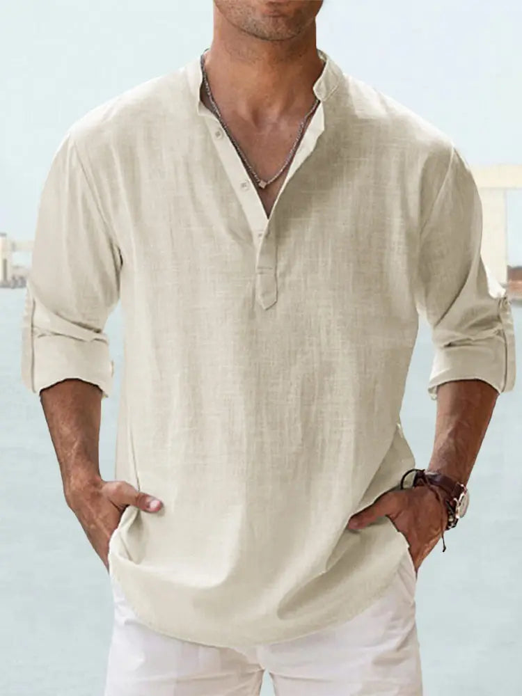Men's Linen Casual Shirt - Relaxed Long Sleeve Pullover by TED