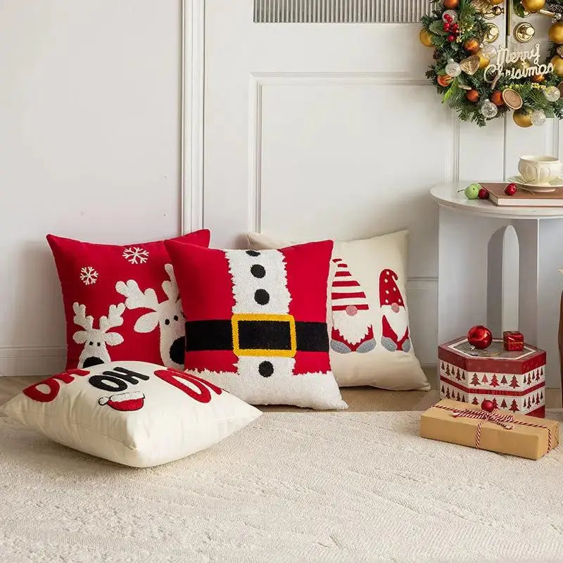 Christmas Embroidered Pillow Cover 18x18 | Santa, Reindeer & HOHOHO Holiday Cushion Cover by Cherished Harbor Gifts by EPR