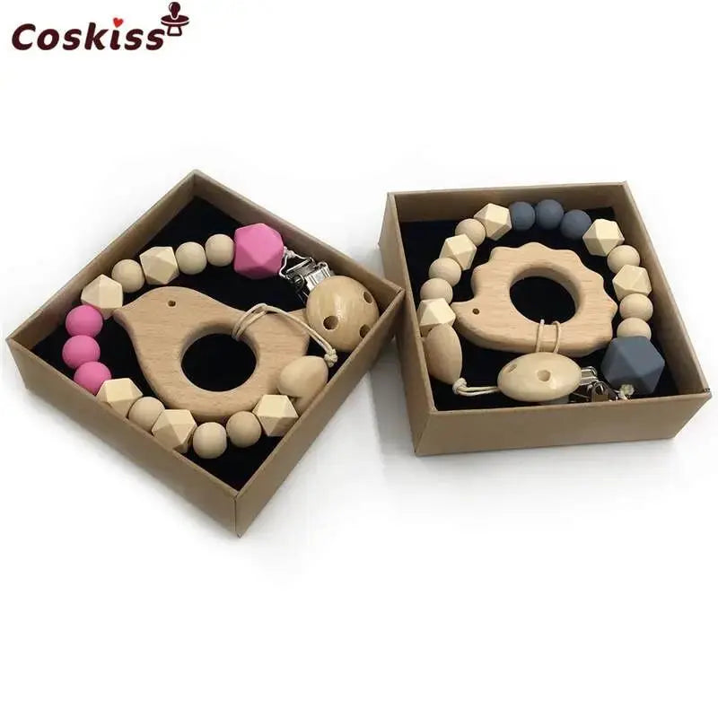2-Piece Baby Wooden Animal Teether Set – Silicone Bead Grasping Toys by EPR