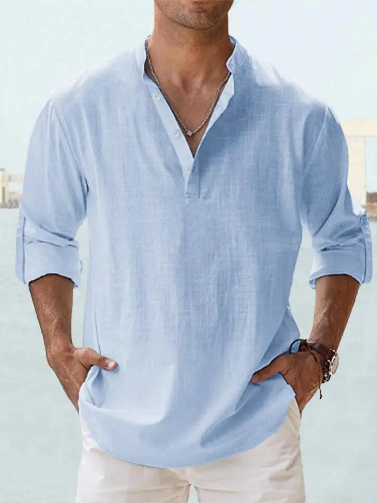 Men's Linen Casual Shirt - Relaxed Long Sleeve Pullover by TED