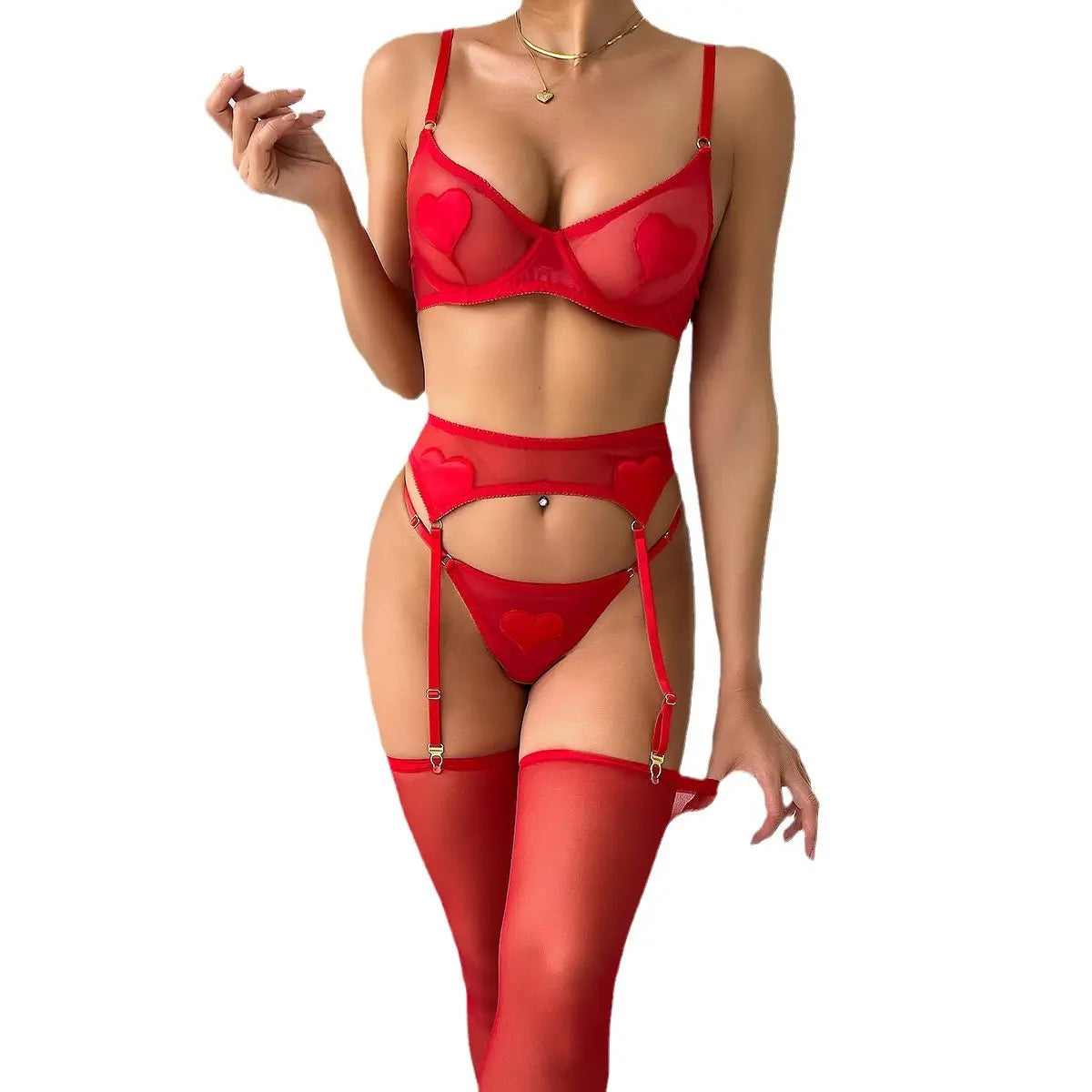 A person wearing red lingerie with heart patterns, garter belt, and stockings.