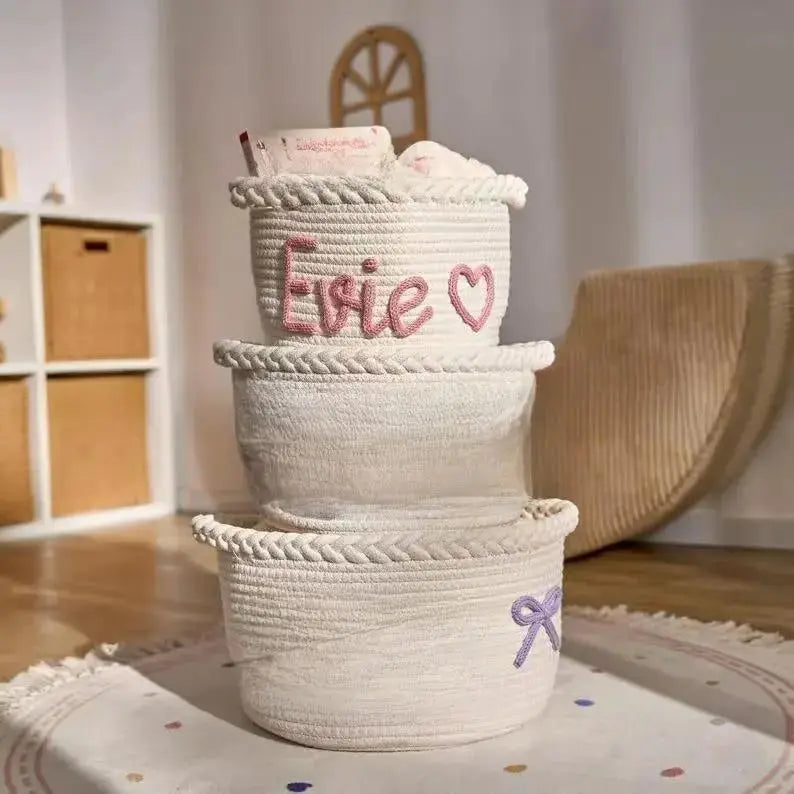 Personalized Round Cotton Rope Storage Basket | Custom Name Woven Organizer by TED