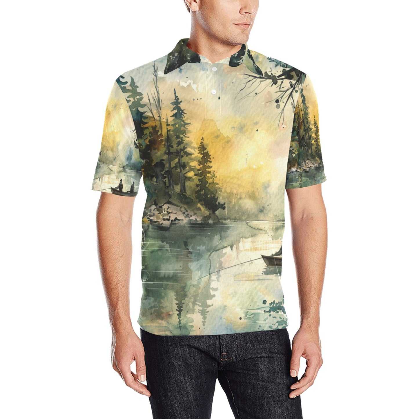 men's fishing polo shirt Fishing Scene Men's All Over Print Polo Shirt | Lightweight Polyester Casual Golf Shirt - Cherished Harbor Gifts
