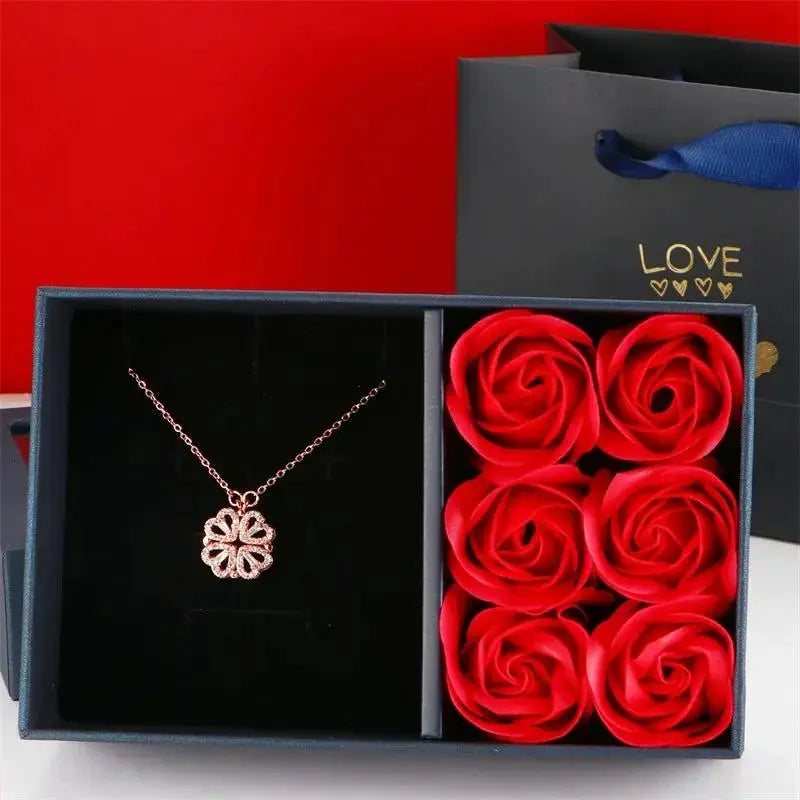 Rose Gift Box Necklace - Four-Leaf Clover Heart Jewelry - Cherished Harbor Gifts
