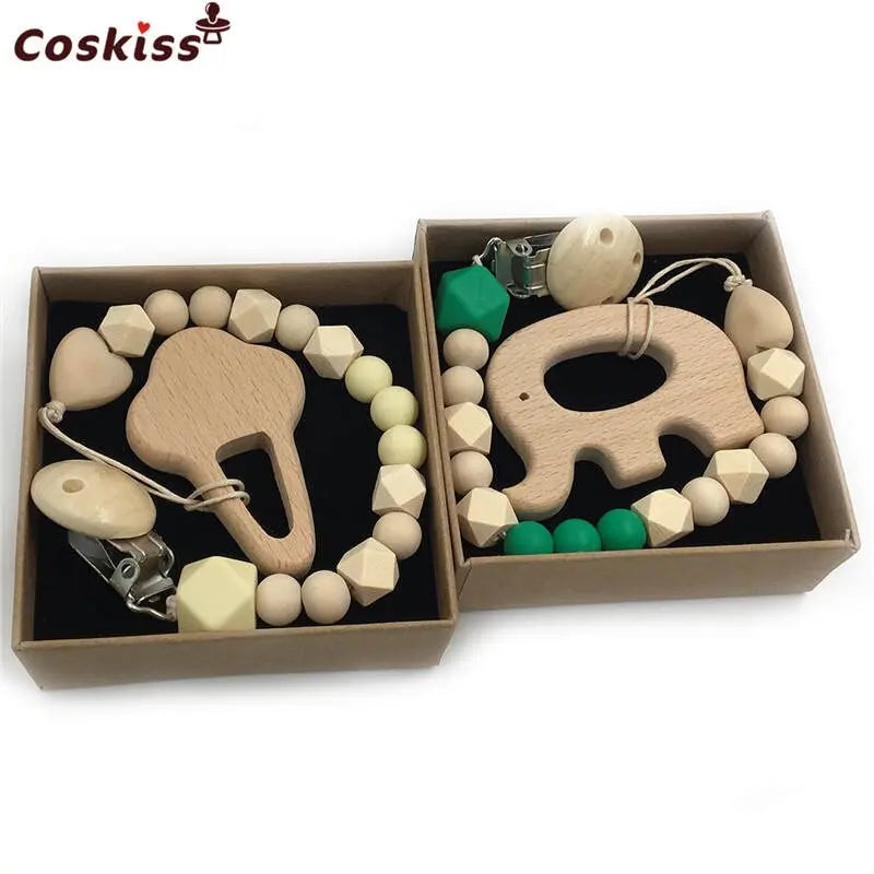 2-Piece Baby Wooden Animal Teether Set – Silicone Bead Grasping Toys by EPR