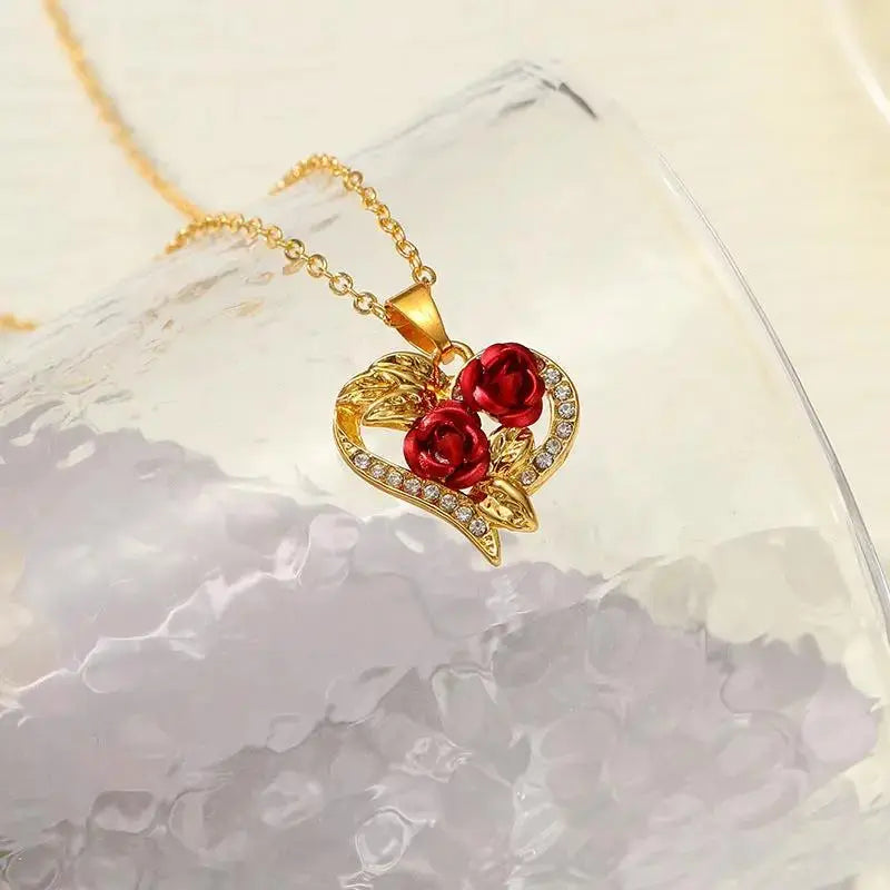 Rose Heart Pendant Necklace for Women | Gold Zircon Valentine’s Jewelry by EPR