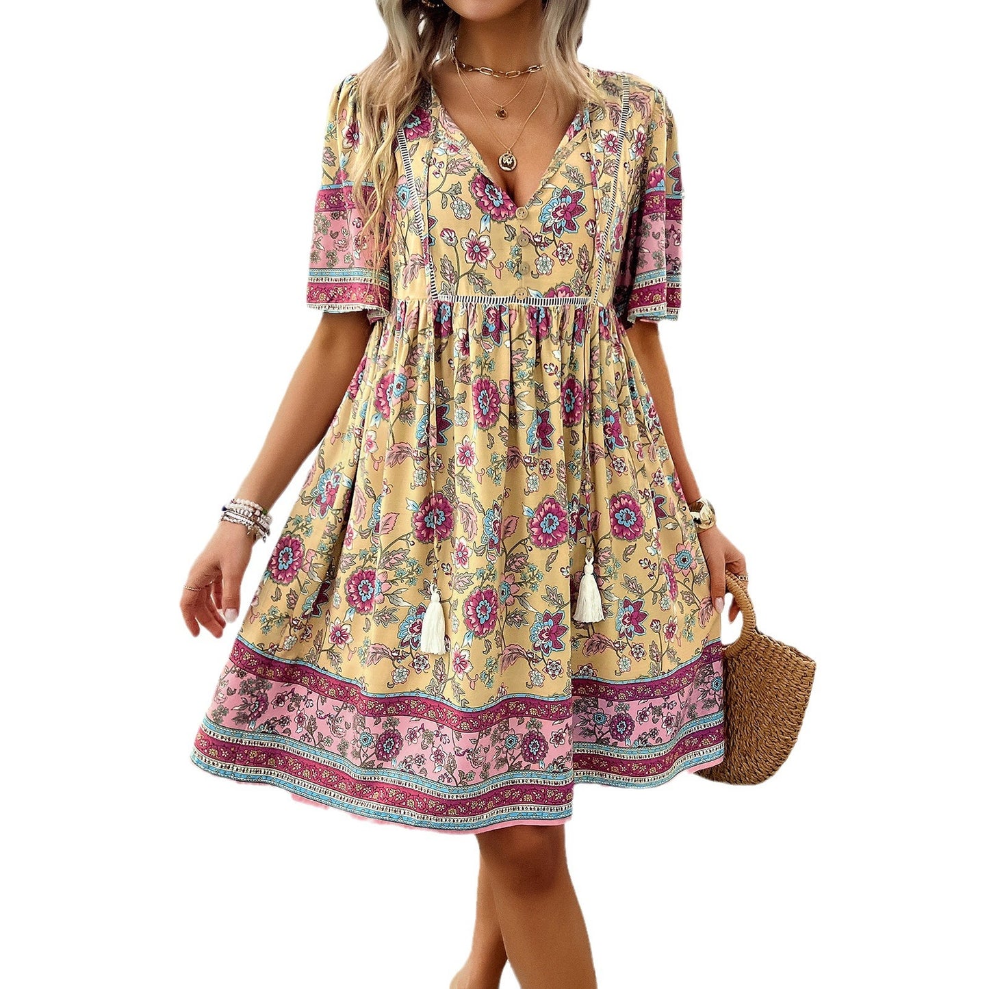 Stylish Printed Short Sleeve Dress for Summer Vacations - Cherished Harbor Gifts