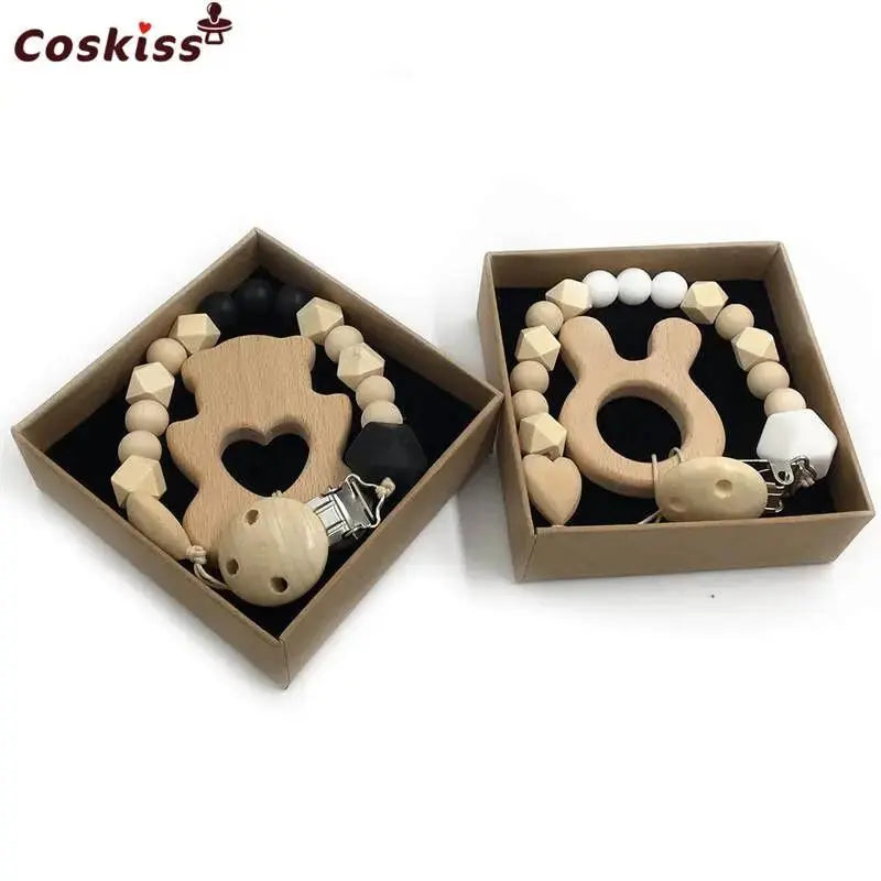 2-Piece Baby Wooden Animal Teether Set – Silicone Bead Grasping Toys by EPR