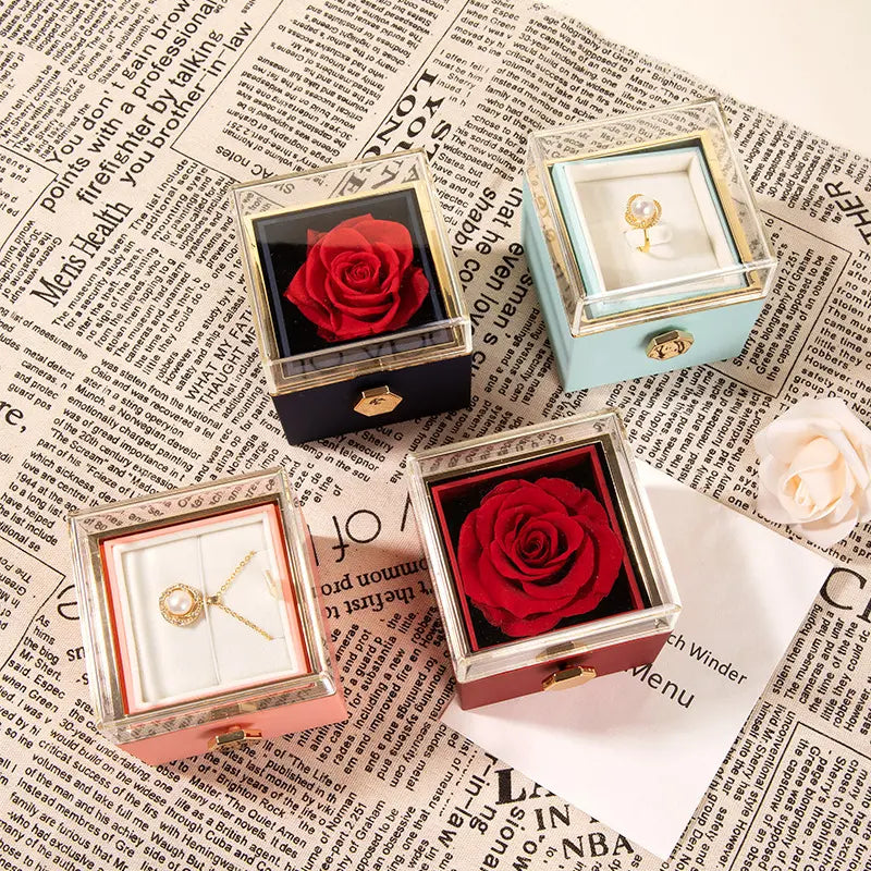360° Rotating Preserved Rose Jewelry Gift Box | Necklace & Ring Holder by EPR