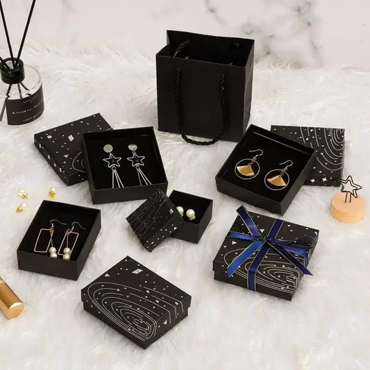 Luxury Black Jewelry Gift Box & Gift Bag | Celestial Star Design Packaging for Earrings, Rings, Lipstick & Graduation Gifts by EPR
