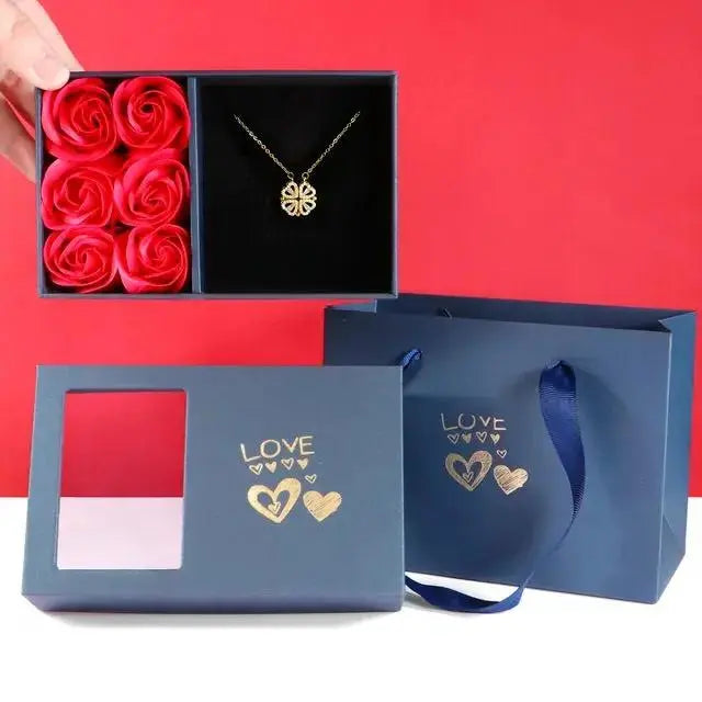 Rose Gift Box Necklace - Four-Leaf Clover Heart Jewelry - Cherished Harbor Gifts