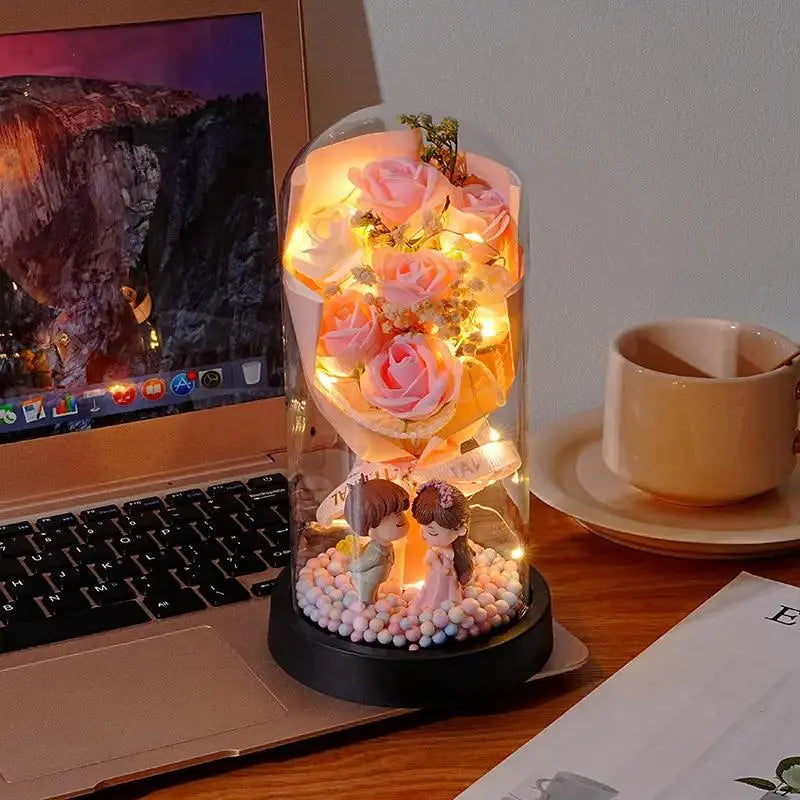 Valentine's Day Rose Glass Dome Night Light Gift for Her - Cherished Harbor Gifts