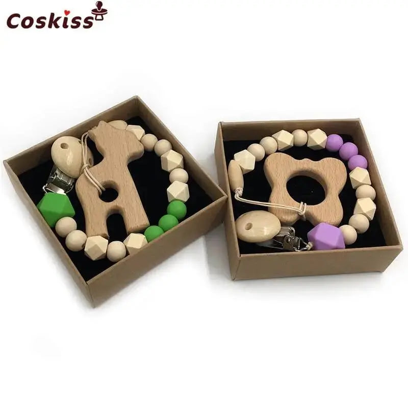 2-Piece Baby Wooden Animal Teether Set – Silicone Bead Grasping Toys by EPR