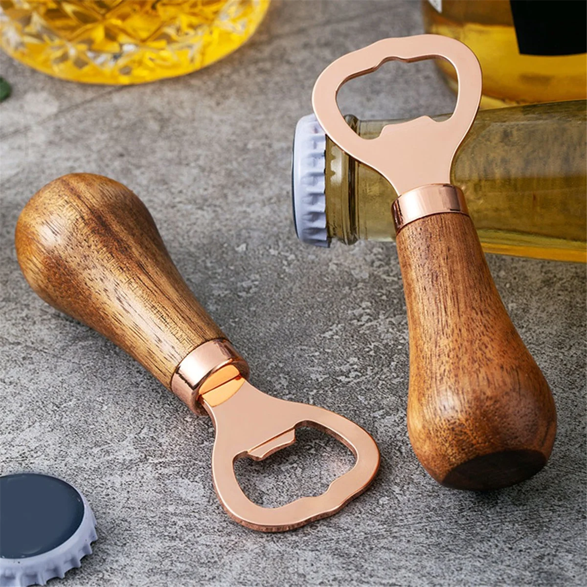 Stainless Steel Beer Bottle Opener with Wood Handle, Kitchen Tools, Anniversary Wedding Gift Rose Gold by eprolo