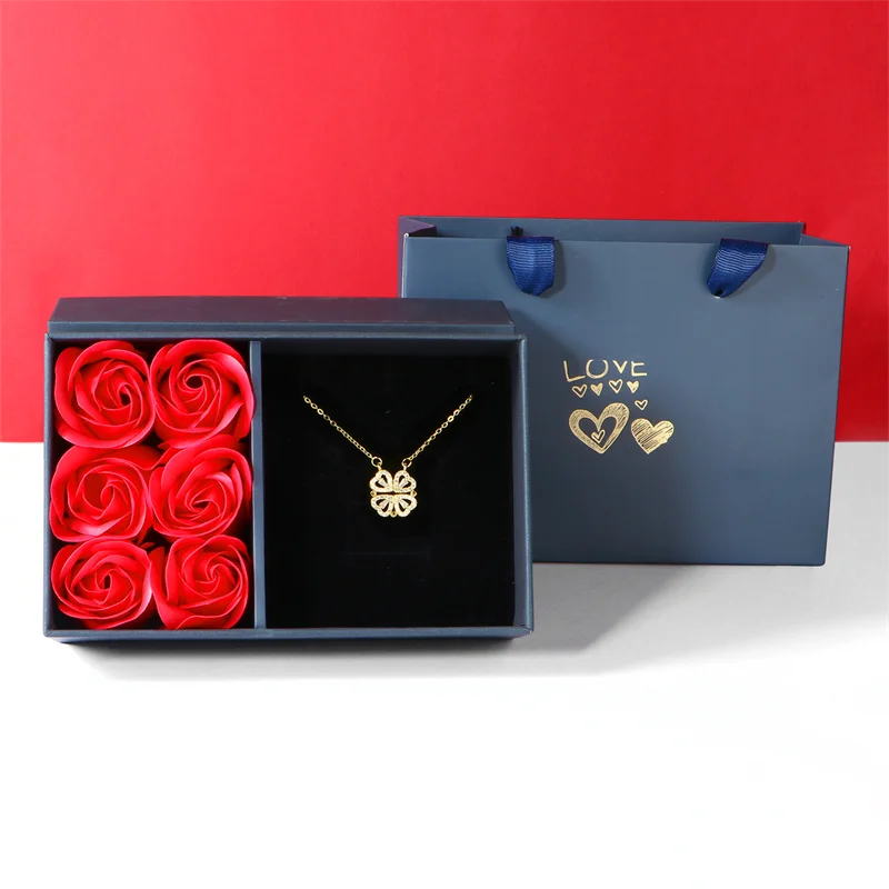 Rose Gift Box Necklace - Four-Leaf Clover Heart Jewelry - Cherished Harbor Gifts