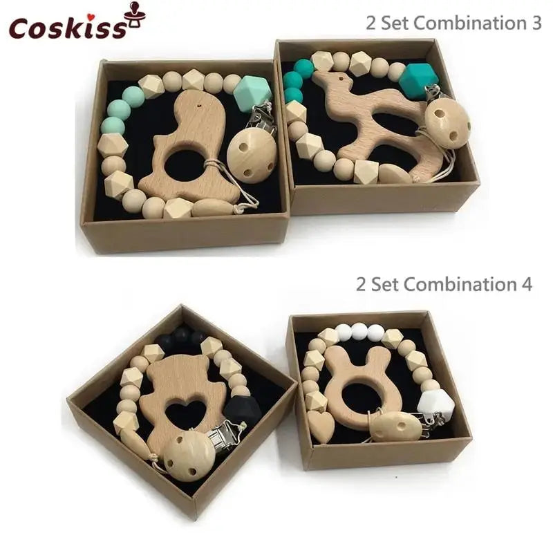 2-Piece Baby Wooden Animal Teether Set – Silicone Bead Grasping Toys by EPR