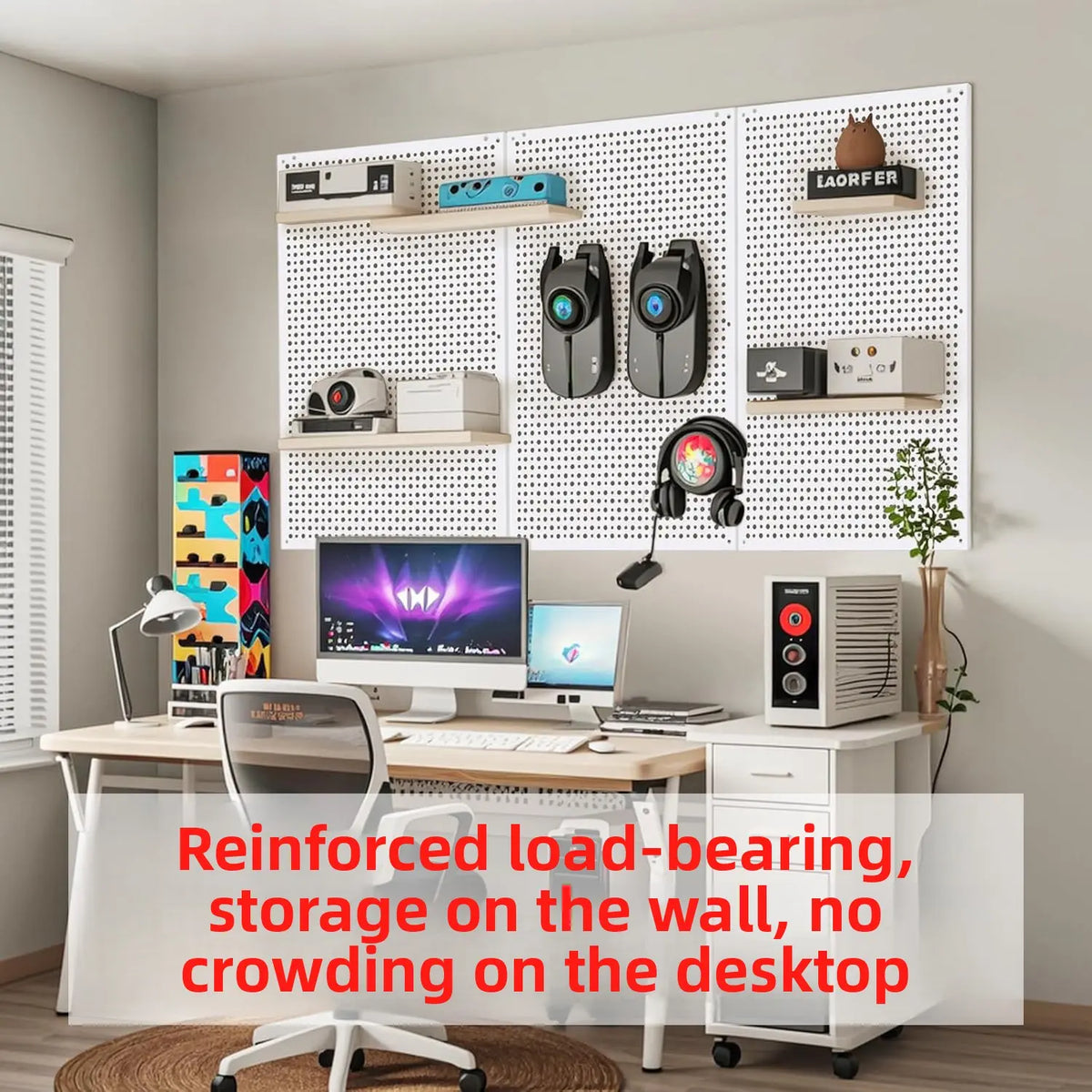 A tidy workspace with wall-mounted pegboard, desk, and computer; various items stored neatly.