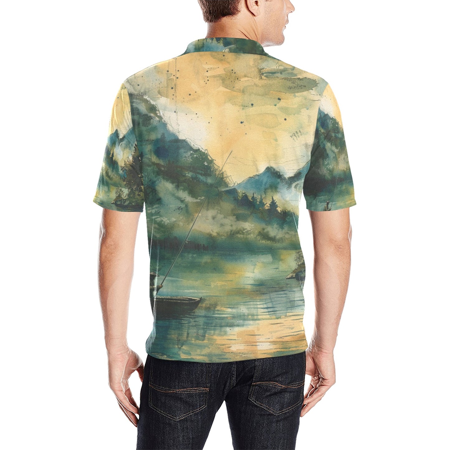 Fishing Scene Men's All Over Print Polo Shirt | Lightweight Polyester Casual Golf Shirt fishing apparel gifts - Cherished Harbor Gifts