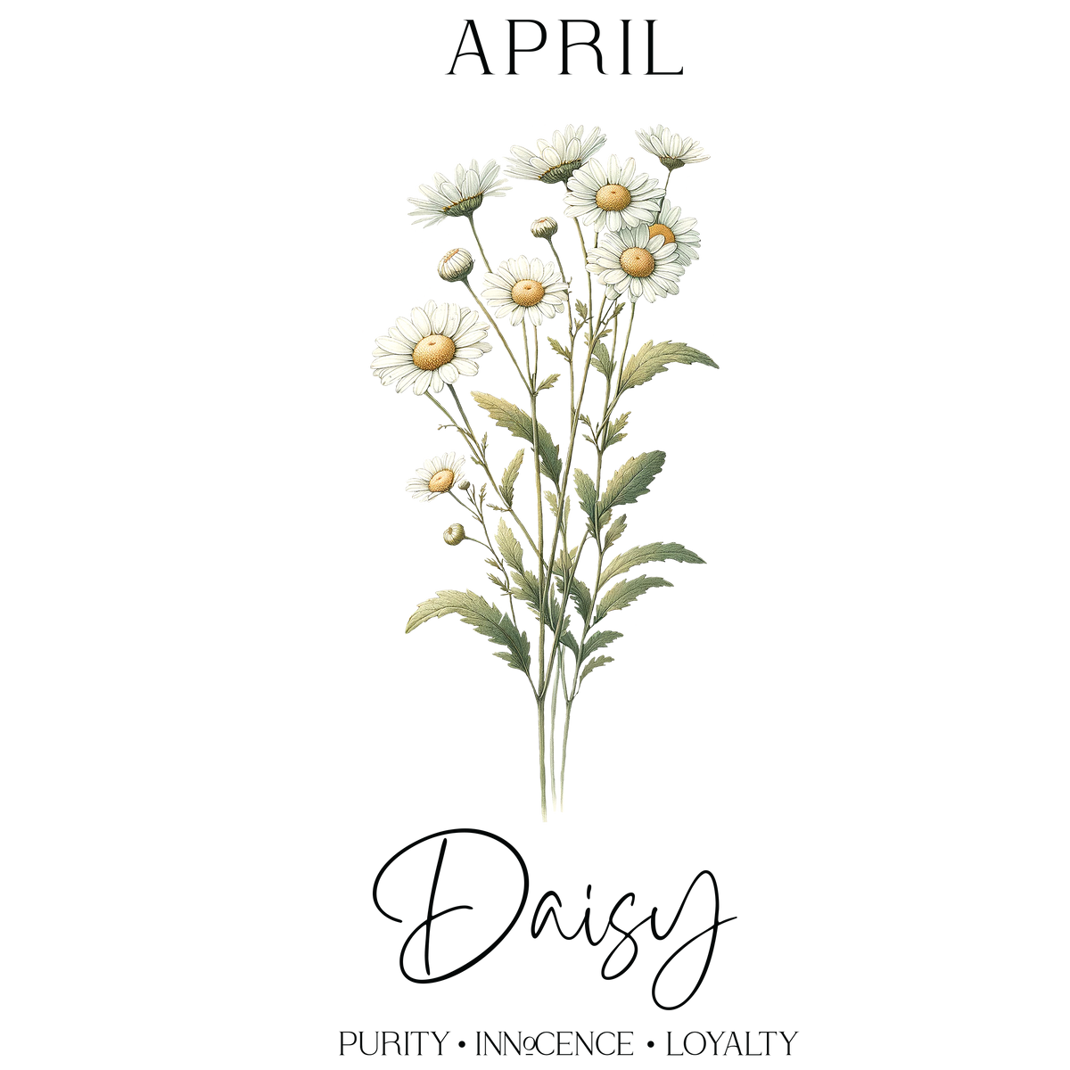 April Daisy floral illustration featuring white daisies with green leaves.