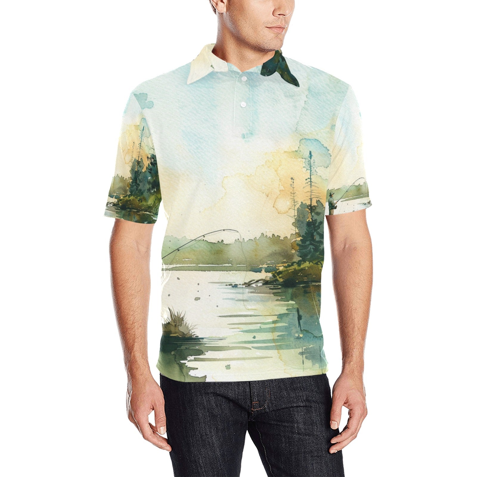 men's outdoor apparel Fishing Scene Men's All Over Print Polo Shirt | Lightweight Polyester Casual Golf Shirt - Cherished Harbor Gifts