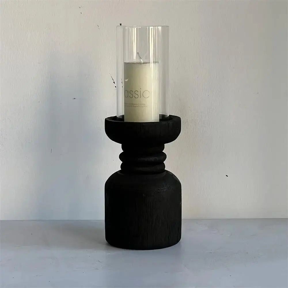 Handcrafted Wooden Candle Holder | Rustic Black Wood Home Decor with Optional Glass Dome by TED
