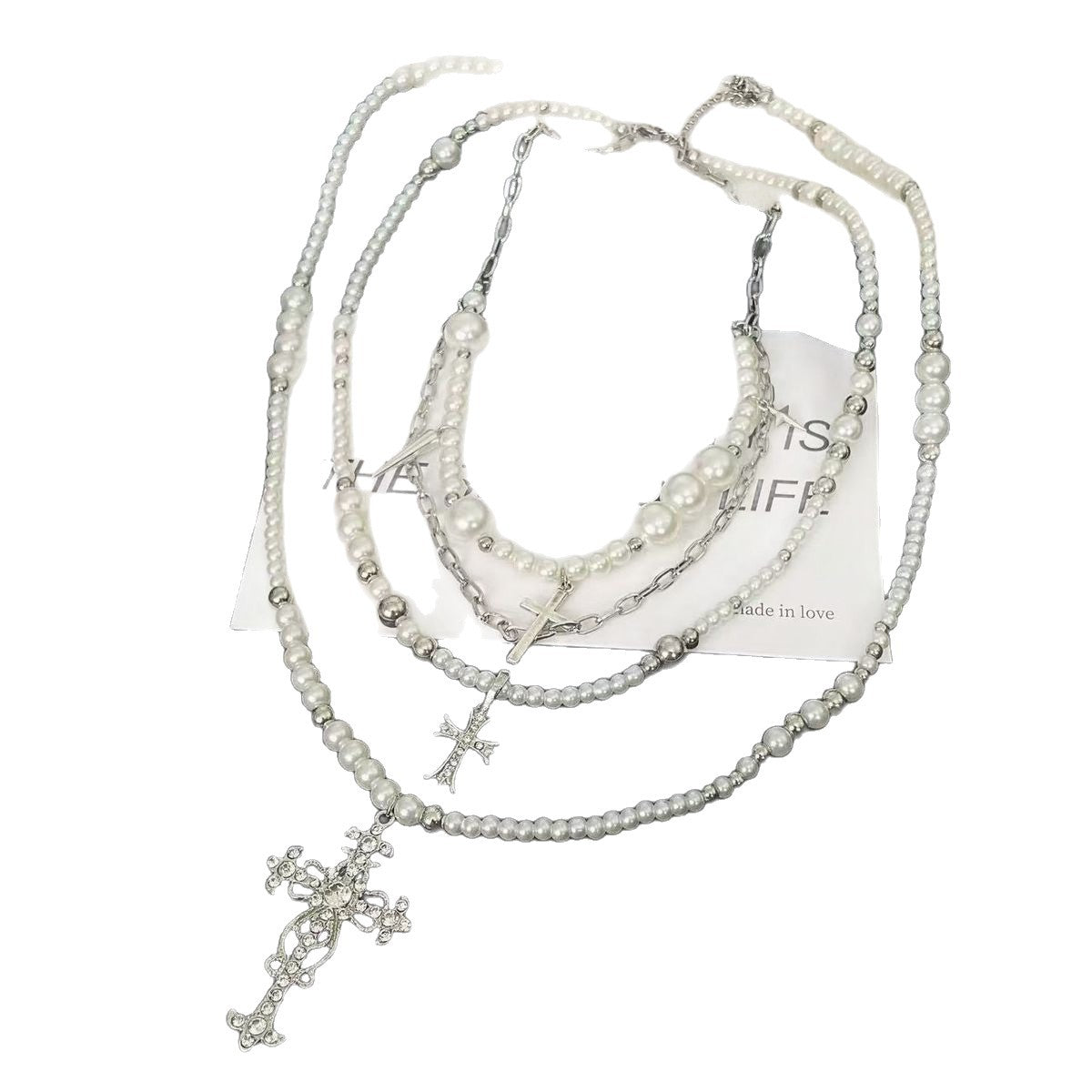 Vintage Pearl Cross Necklace - Layered Gothic Style Jewelry - Cherished Harbor Gifts