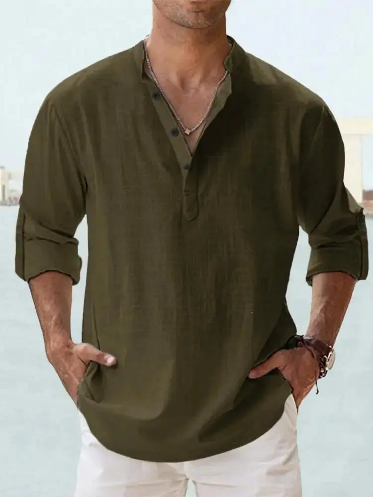 Men's Linen Casual Shirt - Relaxed Long Sleeve Pullover by TED