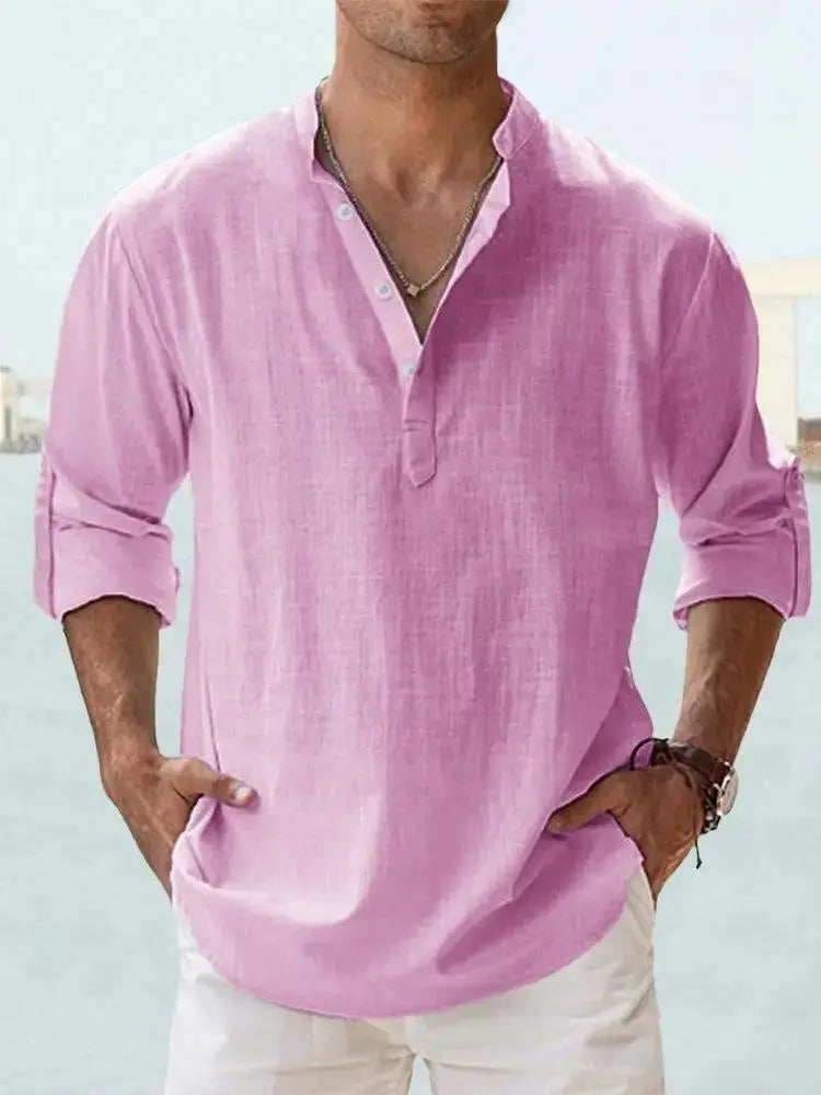 Men's Linen Casual Shirt - Relaxed Long Sleeve Pullover by TED