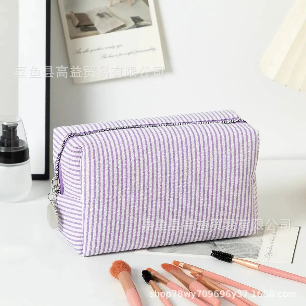 Personalized Embroidered Striped Seersucker Cosmetic Bag | Custom Makeup & Travel Pouch by TED