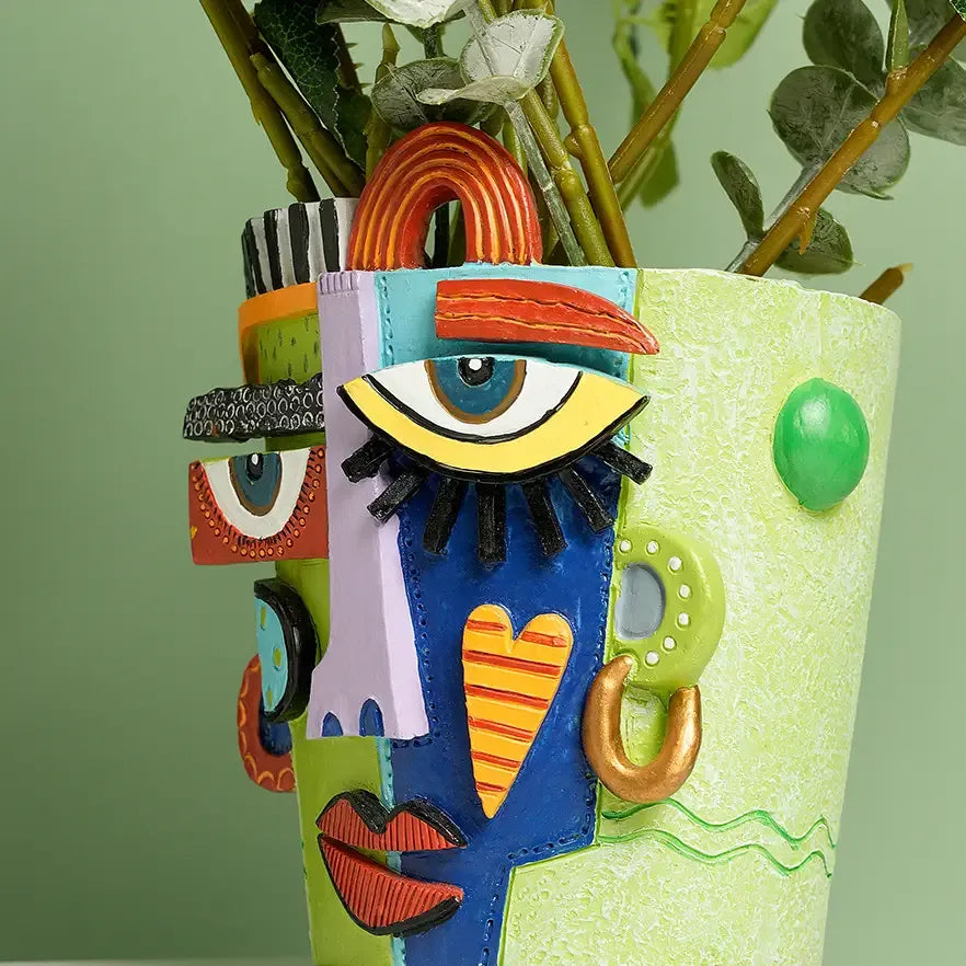 Creative Abstract Face Planter, Fauvist-Style Flower Arrangement, Home Planting Pot Decor by TED