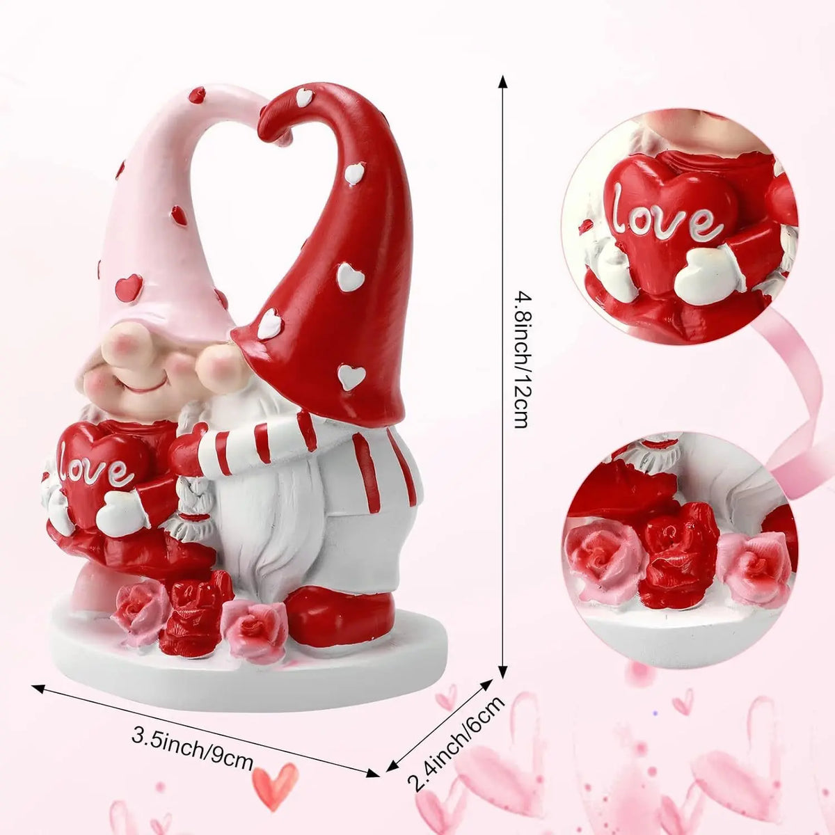 Two gnomes with heart hats and holding hearts, surrounded by red roses on a pink background.