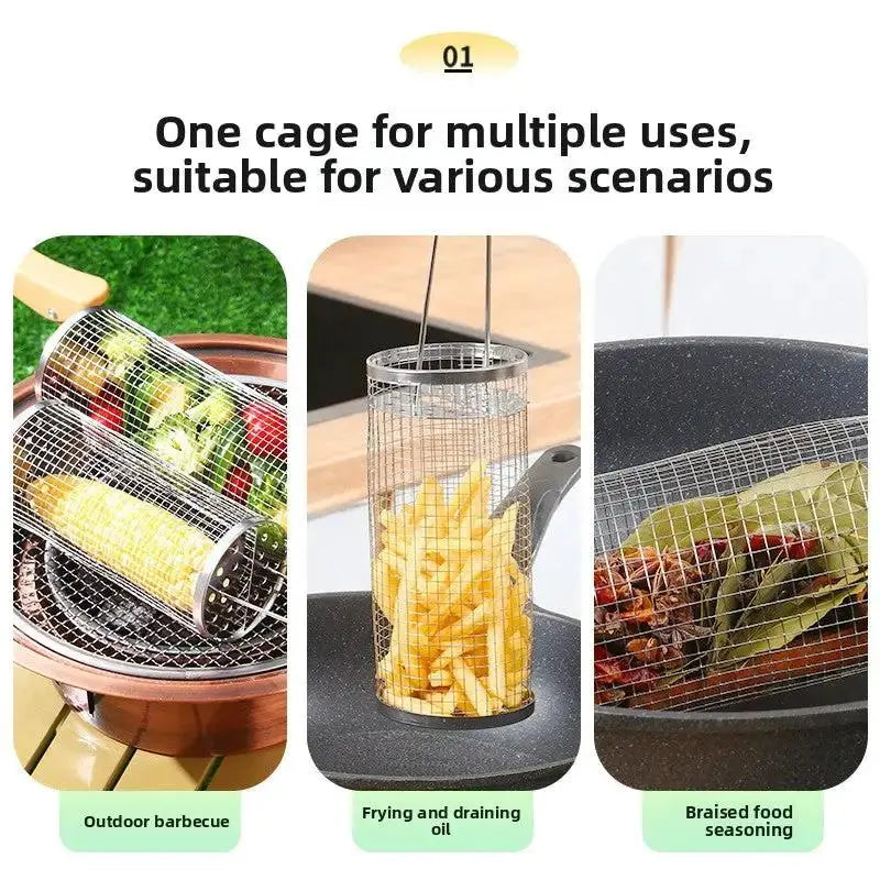 Stainless Steel Rolling BBQ Grill Basket | Portable Rotating Barbecue Cage by TED