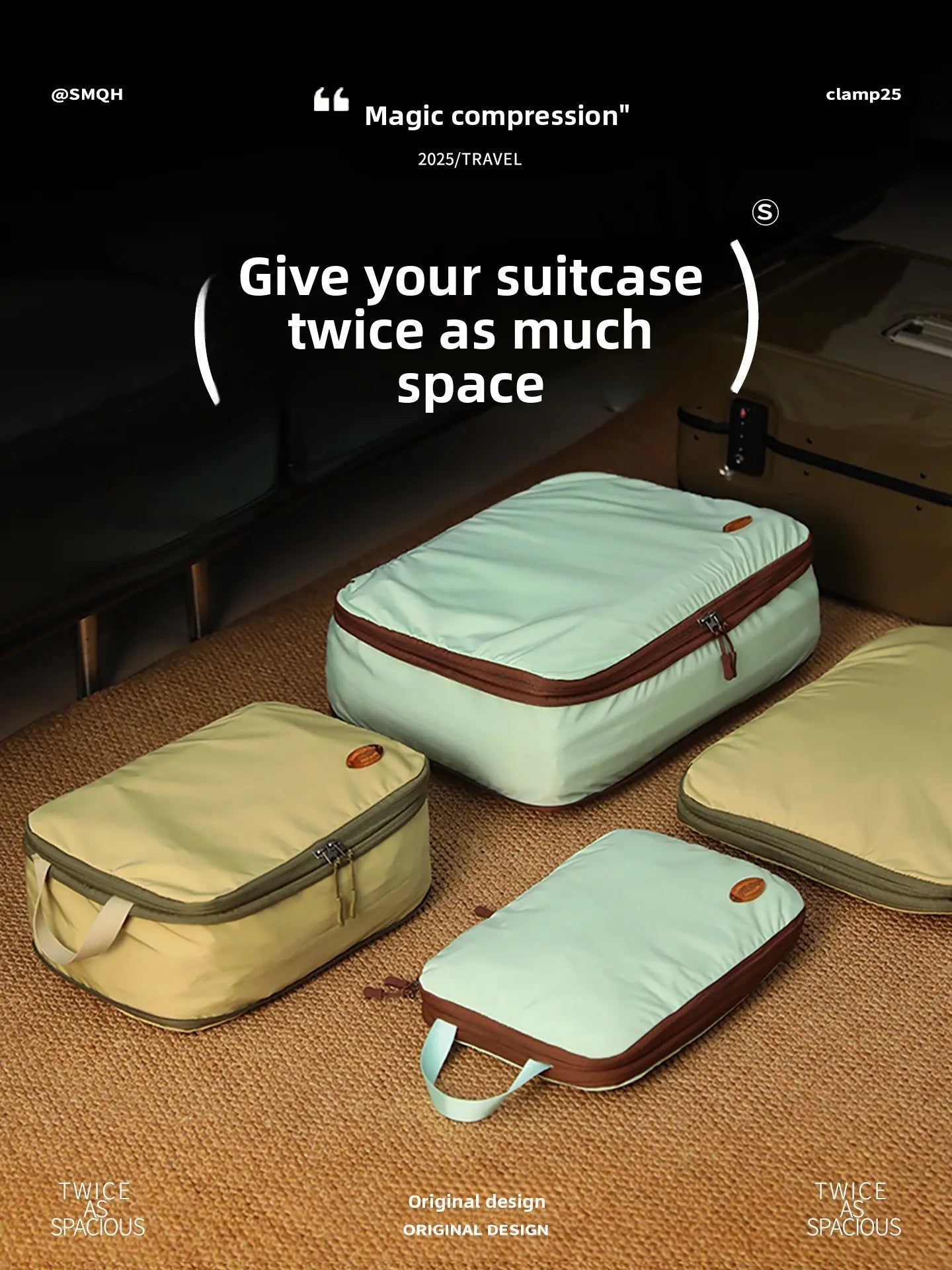 Three compression packing cubes in mint green and beige on a brown carpet.