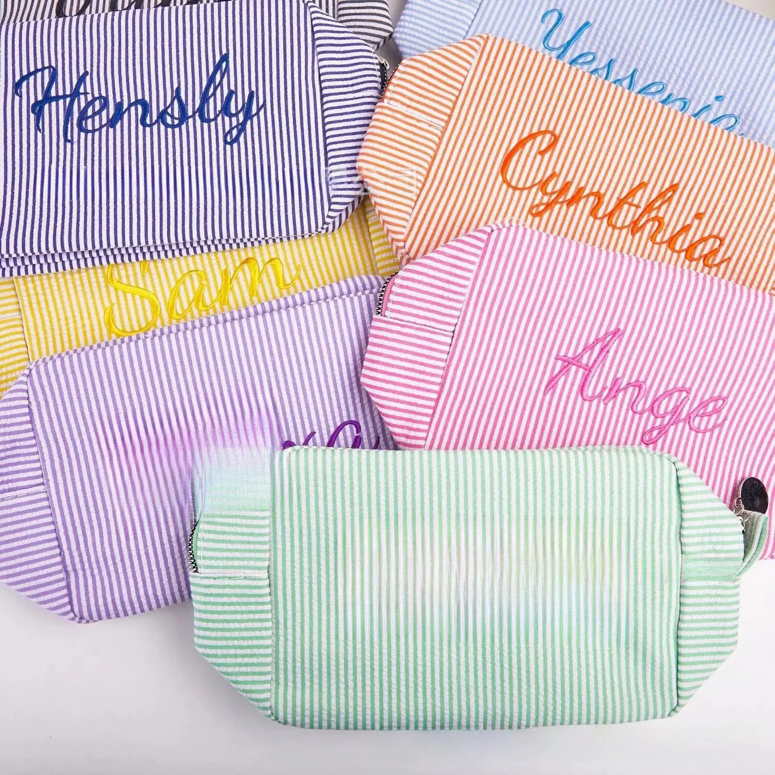 Personalized Embroidered Striped Seersucker Cosmetic Bag | Custom Makeup & Travel Pouch by TED