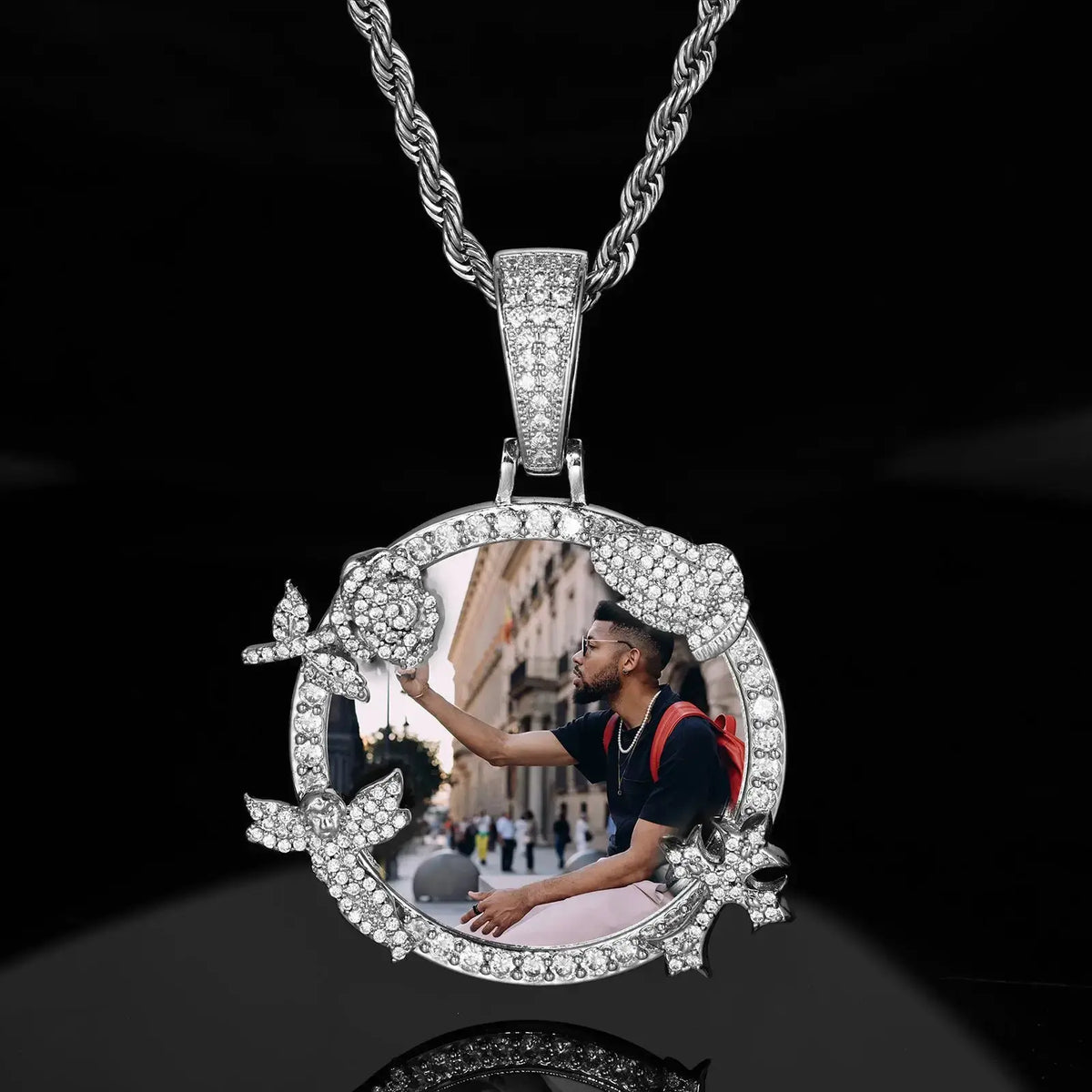 Personalized Memorial Photo Necklace with Zircon Accents | Custom Round Remembrance Pendant by TED