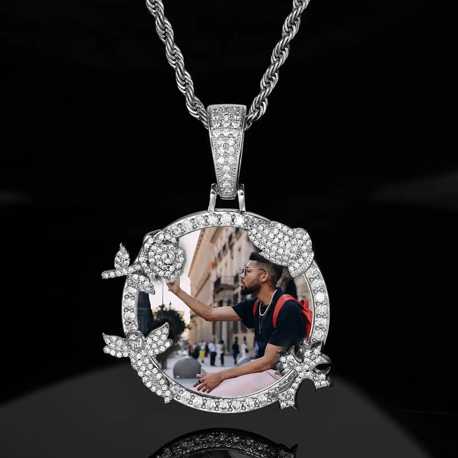 Personalized Memorial Photo Necklace with Zircon Accents | Custom Round Remembrance Pendant by TED