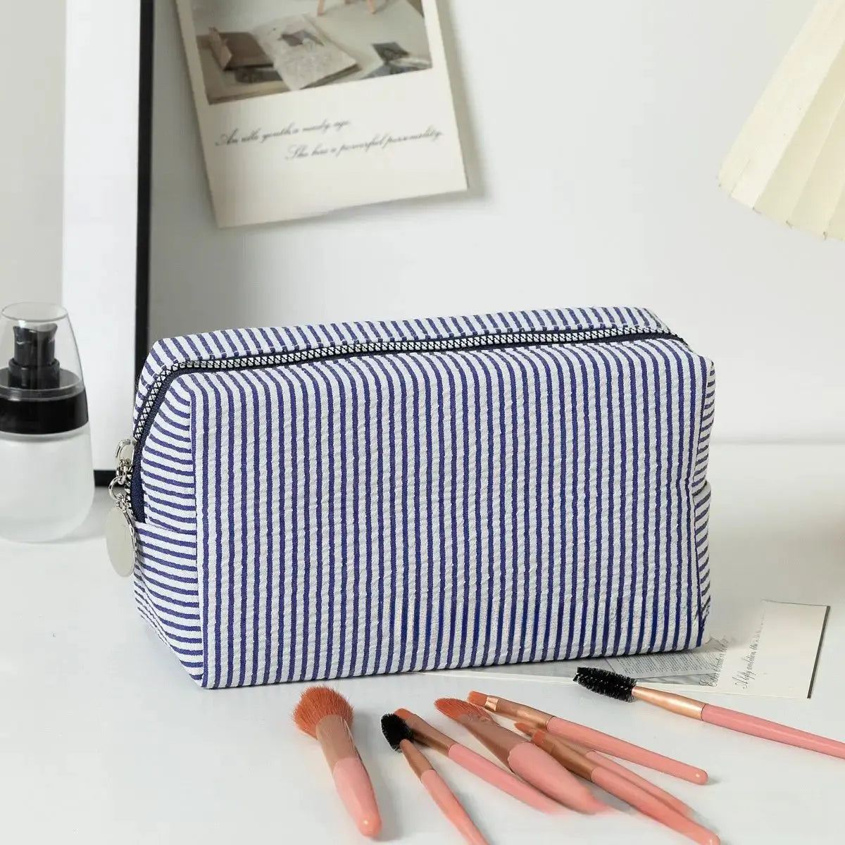 Personalized Embroidered Striped Seersucker Cosmetic Bag | Custom Makeup & Travel Pouch by TED